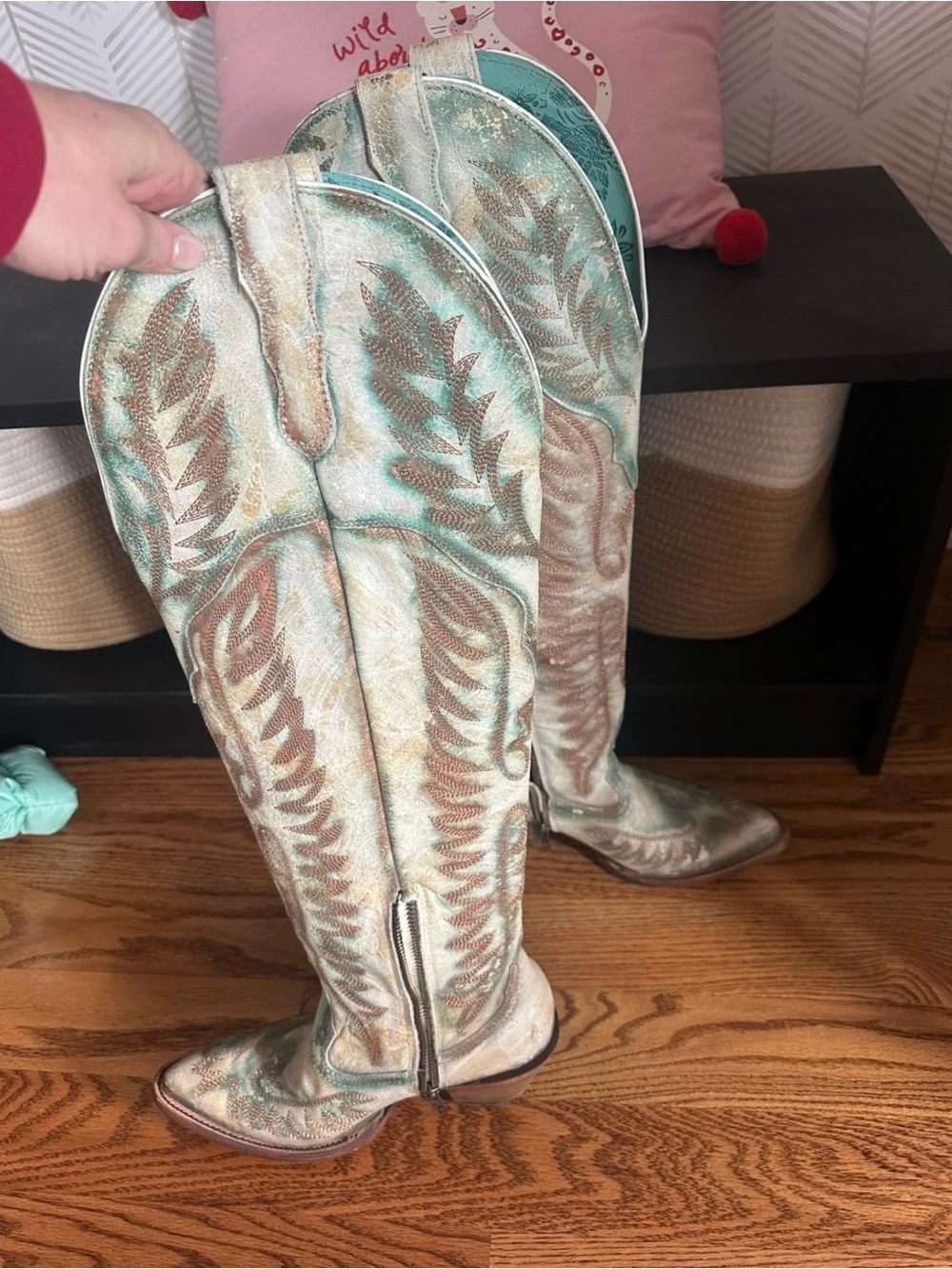 Corral Tall Embroidered Boots in Light Blue and Tan - Picture 5 of 7